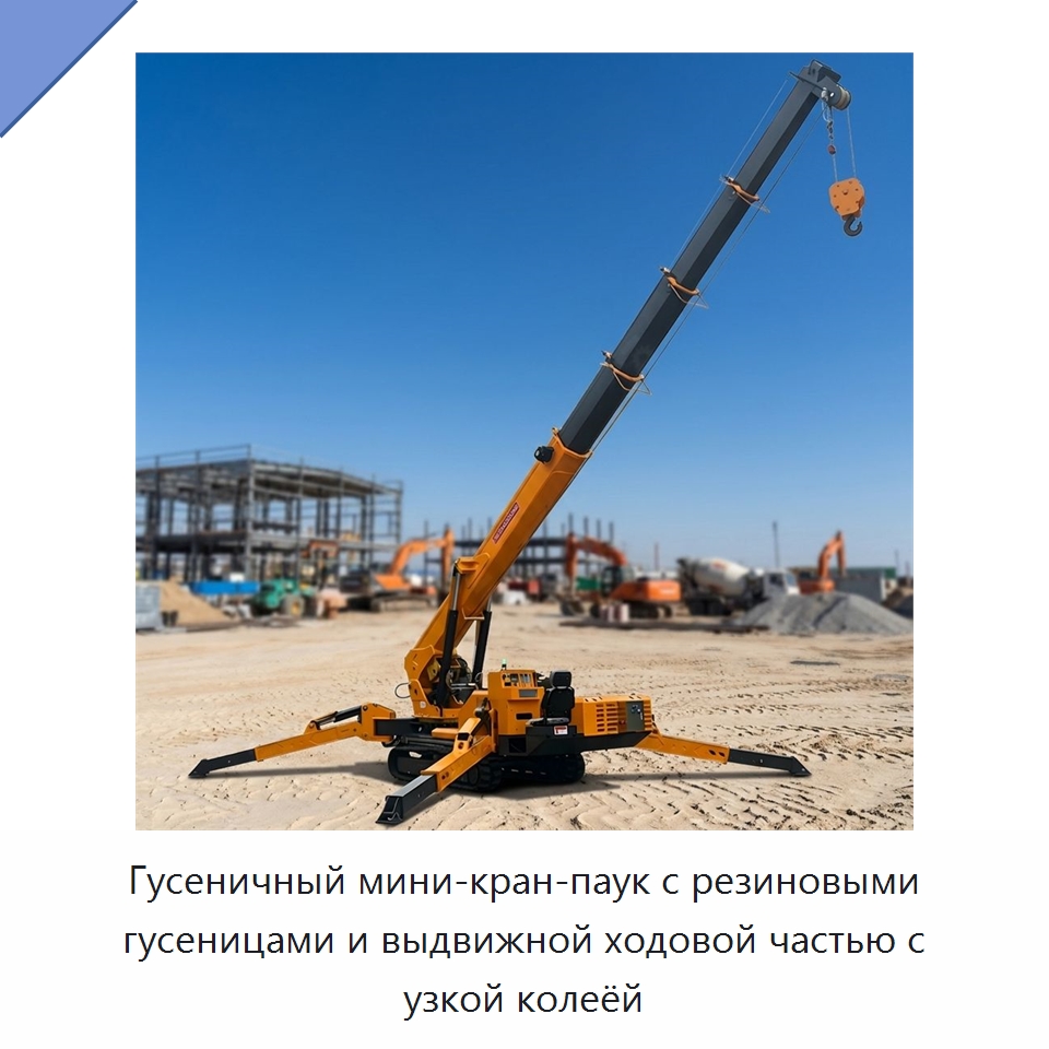 Гусеничный мини-кран-паук с резиновыми гусеницами и выдвижной ходовой частью с узкой колеёй — Краны