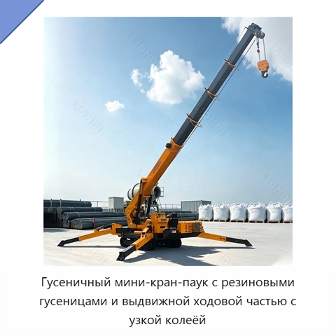 Гусеничный мини-кран-паук с резиновыми гусеницами и выдвижной ходовой частью с узкой колеёй