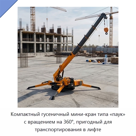 Компактный гусеничный мини-кран типа «паук» с вращением на 360°, пригодный для транспортирования в лифте