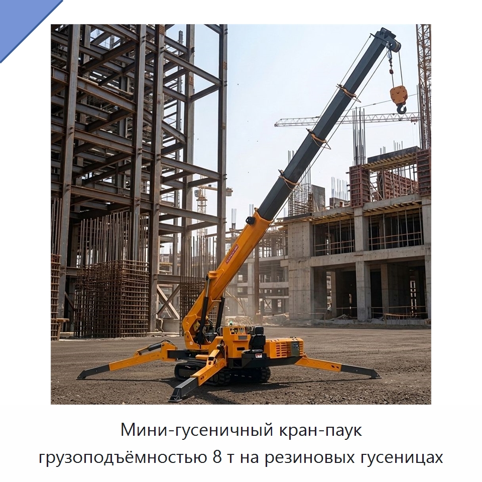 Мини-гусеничный кран-паук грузоподъёмностью 8 т на резиновых гусеницах — Краны