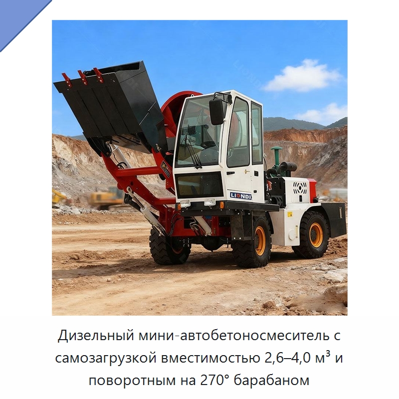 Дизельный мини-автобетоносмеситель с самозагрузкой вместимостью 2,6–4,0 м³ и поворотным на 270° барабаном — Оборудование для работы с бетоном