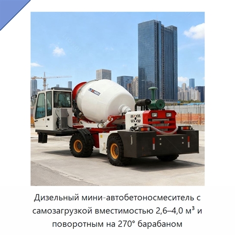 Дизельный мини-автобетоносмеситель с самозагрузкой вместимостью 2,6–4,0 м³ и поворотным на 270° барабаном