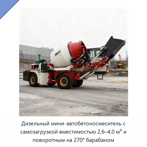 Дизельный мини-автобетоносмеситель с самозагрузкой вместимостью 2,6–4,0 м³ и поворотным на 270° барабаном