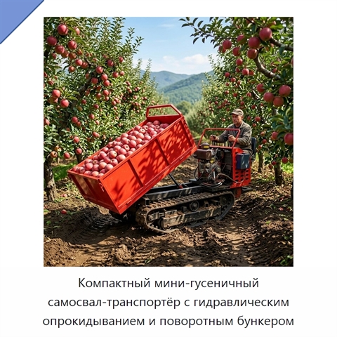 Компактный мини-гусеничный самосвал-транспортёр с гидравлическим опрокидыванием и поворотным бункером