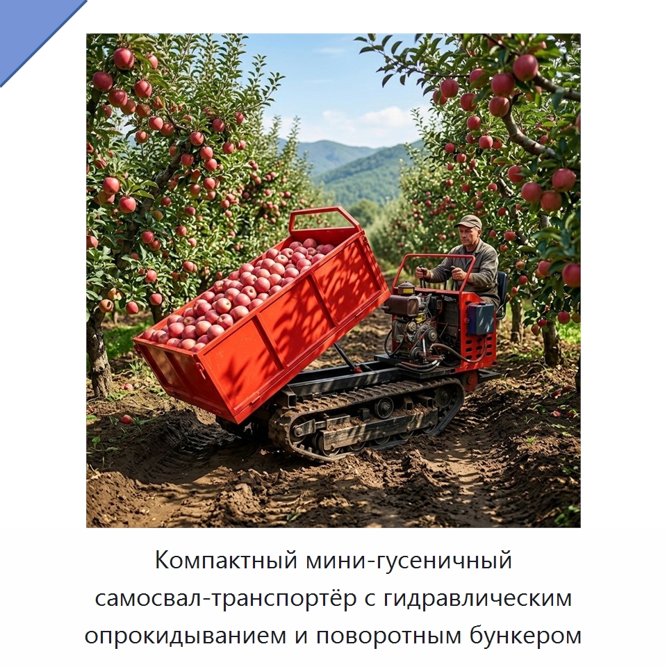 Компактный мини-гусеничный самосвал-транспортёр с гидравлическим опрокидыванием и поворотным бункером — Землеройная техника