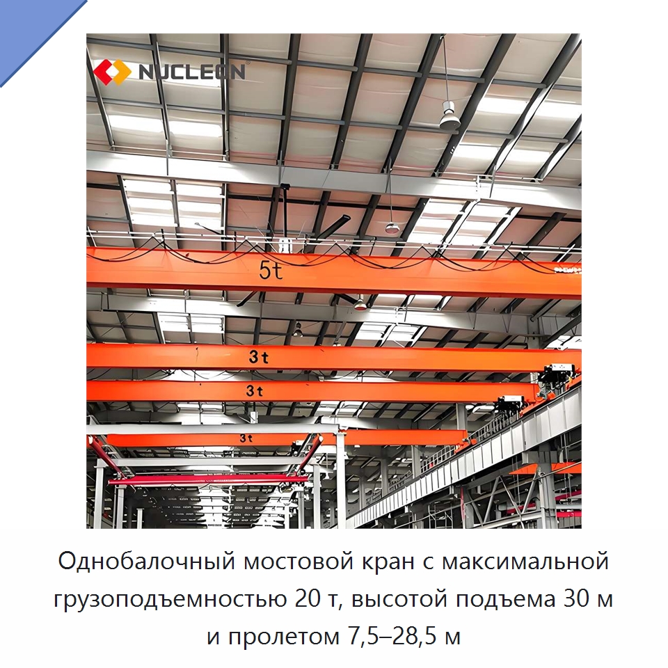 Однобалочный мостовой кран с максимальной грузоподъемностью 20 т, высотой подъема 30 м и пролетом 7,5–28,5 м — Краны