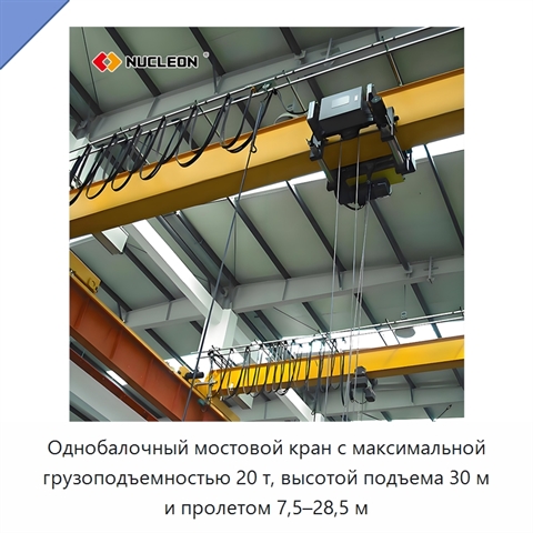 Однобалочный мостовой кран с максимальной грузоподъемностью 20 т, высотой подъема 30 м и пролетом 7,5–28,5 м