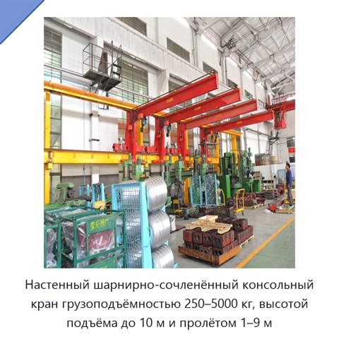 Настенный шарнирно-сочленённый консольный кран грузоподъёмностью 250–5000 кг, высотой подъёма до 10 м и пролётом 1–9 м