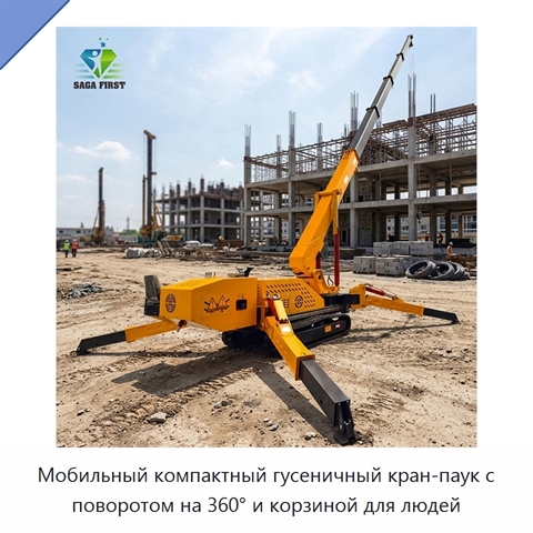 Мобильный компактный гусеничный кран-паук с поворотом на 360° и корзиной для людей