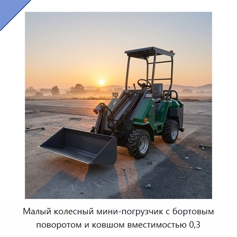 Малый колесный мини-погрузчик с бортовым поворотом и ковшом вместимостью 0,3