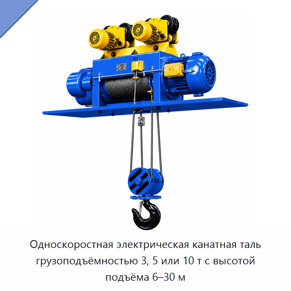 Односкоростная электрическая канатная таль грузоподъёмностью 3, 5 или 10 т с высотой подъёма 6–30 м — Электротали
