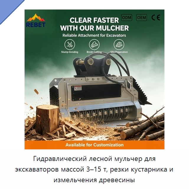 Гидравлический лесной мульчер для экскаваторов массой 3–15 т, резки кустарника и измельчения древесины
