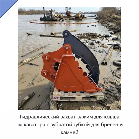 Гидравлический захват-зажим для ковша экскаватора с зубчатой губкой для брёвен и камней