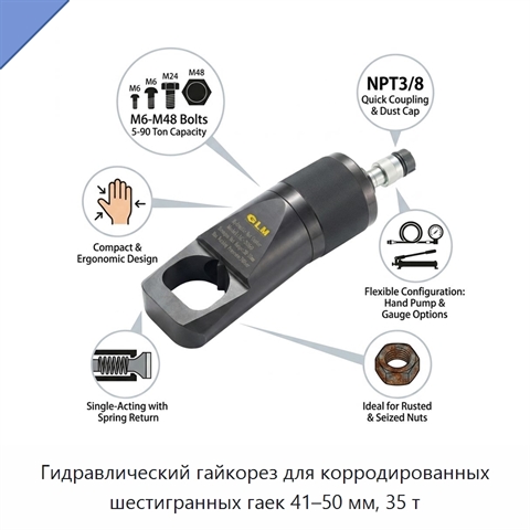 Гидравлический гайкорез для корродированных шестигранных гаек 41–50 мм, 35 т