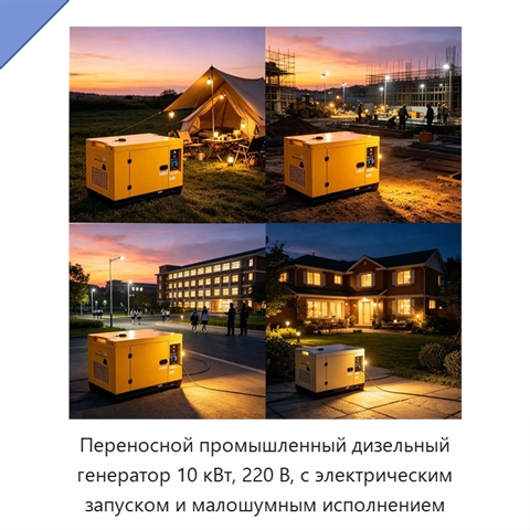 Переносной промышленный дизельный генератор 10 кВт, 220 В, с электрическим запуском и малошумным исполнением