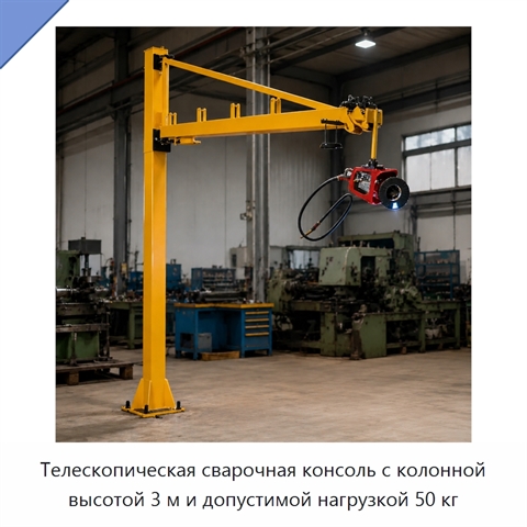 Телескопическая сварочная консоль с колонной высотой 3 м и допустимой нагрузкой 50 кг