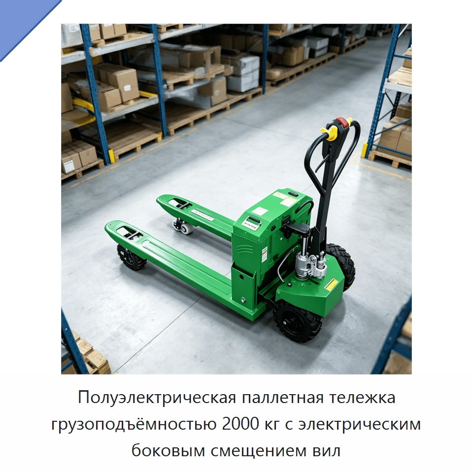 Полуэлектрическая паллетная тележка грузоподъёмностью 2000 кг с электрическим боковым смещением вил — Вилочные погрузчики