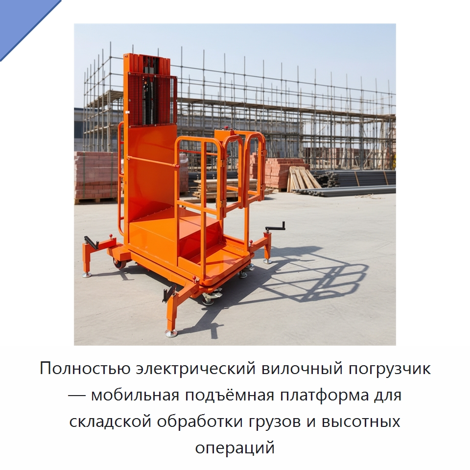 Полностью электрический вилочный погрузчик — мобильная подъёмная платформа для складской обработки грузов и высотных операций