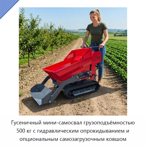Гусеничный мини-самосвал грузоподъёмностью 500 кг с гидравлическим опрокидыванием и опциональным самозагрузочным ковшом