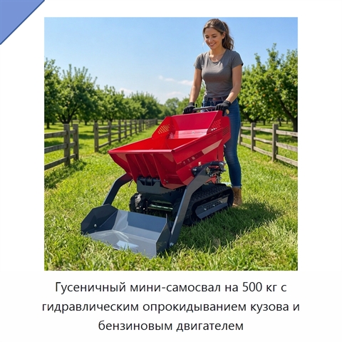 Гусеничный мини-самосвал на 500 кг с гидравлическим опрокидыванием кузова и бензиновым двигателем