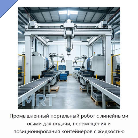 Промышленный портальный робот с линейными осями для подачи, перемещения и позиционирования контейнеров с жидкостью