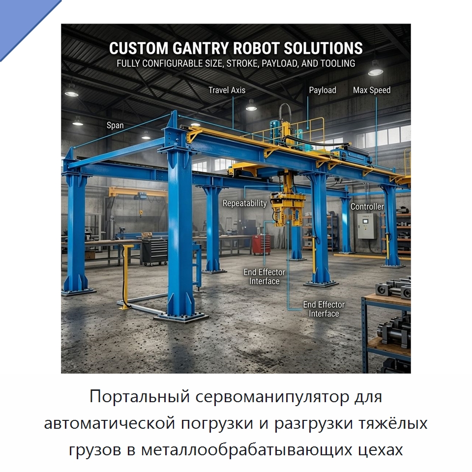 Портальный сервоманипулятор для автоматической погрузки и разгрузки тяжёлых грузов в металлообрабатывающих цехах — Манипуляторы