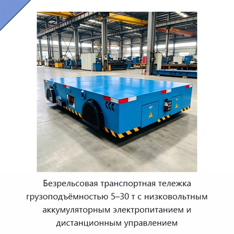 Безрельсовая транспортная тележка грузоподъёмностью 5–30 т с низковольтным аккумуляторным электропитанием и дистанционным управлением