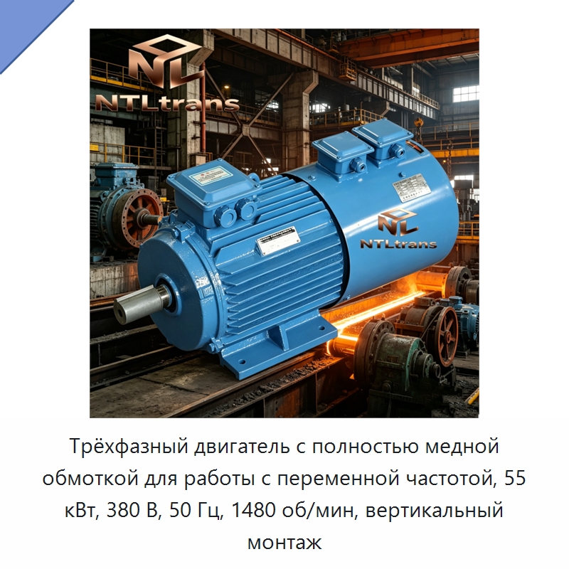 Трёхфазный двигатель с полностью медной обмоткой для работы с переменной частотой, 55 кВт, 380 В, 50 Гц, 1480 об/мин, вертикальный монтаж — Электродвигатели переменного тока