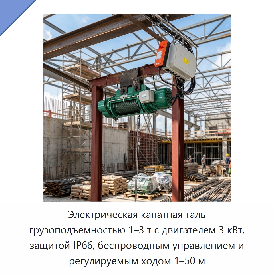 Электрическая канатная таль грузоподъёмностью 1–3 т с двигателем 3 кВт, защитой IP66, беспроводным управлением и регулируемым ходом 1–50 м — Электротали