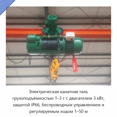 Электрическая канатная таль грузоподъёмностью 1–3 т с двигателем 3 кВт, защитой IP66, беспроводным управлением и регулируемым ходом 1–50 м