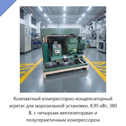 Компактный компрессорно-конденсаторный агрегат для морозильной установки, 8,95 кВт, 380 В, с четырьмя вентиляторами и полугерметичным компрессором