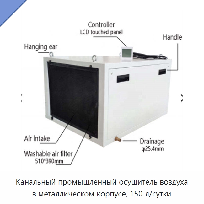 Канальный промышленный осушитель воздуха в металлическом корпусе, 150 л/сутки