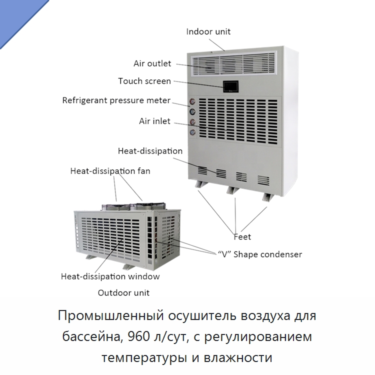 Промышленный осушитель воздуха для бассейна, 960 л/сут, с регулированием температуры и влажности