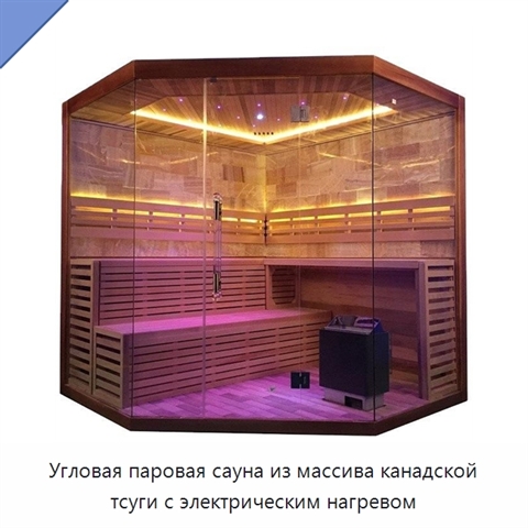 Угловая паровая сауна из массива канадской тсуги с электрическим нагревом