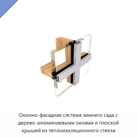 Оконно-фасадная система зимнего сада с дерево-алюминиевыми окнами и плоской крышей из теплоизоляционного стекла