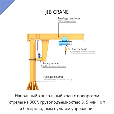 Напольный консольный кран с поворотом стрелы на 360°, грузоподъёмностью 3, 5 или 10 т и беспроводным пультом управления